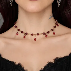 Vintage Gothic Cool Dark Style Water Drop Tassel Pendant Necklace Alloy Artificial Crystal Beaded Choker Women Party Jewelry