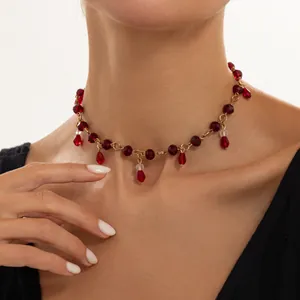 Vintage dark style choker necklace with red crystal beads and teardrop crystal tassels