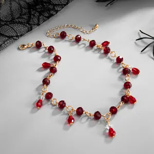 Gothic red crystal beaded necklace with water drop fringe tassels for a dark vintage look.