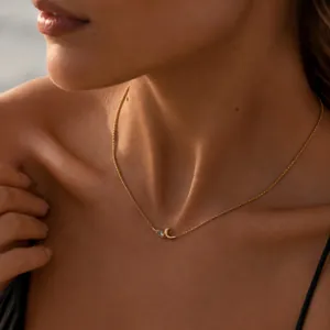 Gros plan d'un collier minimaliste en acier doré avec pendentif zircon goutte d'eau