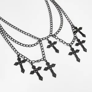 Gothic black multi-layer cross body chain with ornate pendants for punk style outfits