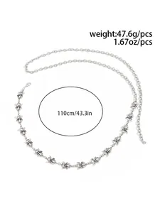 Detailed view of silver spider-shaped waist chain with length and weight markers