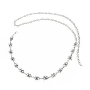 Silver hip hop body chain featuring detailed spider charms and round link design.