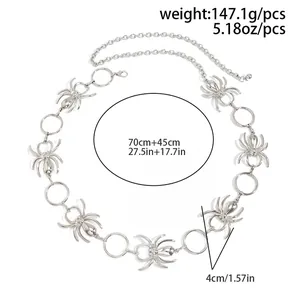 Silver spider and circular ring body chain belt detail with 147.1g weight display.
