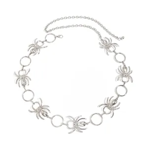 Punk style silver spider waist chain with geometric ring links for women fashion
