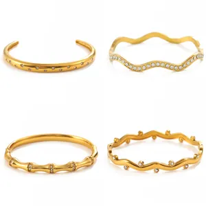 Bracelets élégants en acier inoxydable plaqué or 18 carats, motifs vague et bambou pour femme