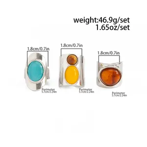 Detailed measurements for a set of retro wide band resin gemstone rings in silver finish