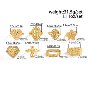 Detailed measurements of 8pcs gold-tone ring set featuring religious and heart designs