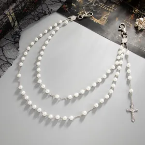 Gothic hip-hop style denim chain with faux pearls and silver cross pendant detail.