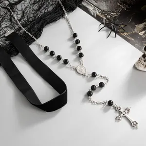 Gothic silver-toned cross pendant necklace and black velvet choker set for Halloween