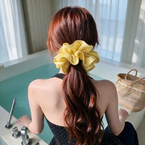Oversized gele gingham geruite scrunchie in Koreaanse stijl haaraccessoire dames