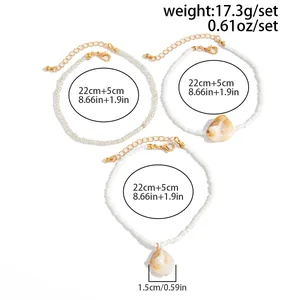 Detailed size measurements for Bohemian white bead anklet set with shell charms.