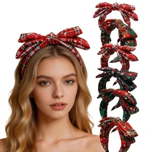 Christmas Plaid Bow Headband For Women Fabric Hair Accessories Handmade Snowflake Print Wide Edge Festive Decoration Headwear