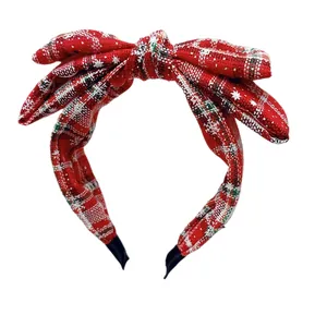 Festive red plaid Christmas bow headband with snowflake patterns for women hair styling