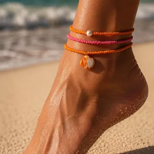 Bohemian colorful beaded anklet set with marble shell pendant for beach vacations
