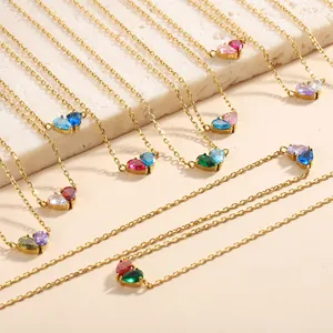 Stainless Steel Two-Tone Heart Pendant Necklace Colorful Water Drop Rhinestone Birthstone 14K Gold Plated Vintage Jewelry