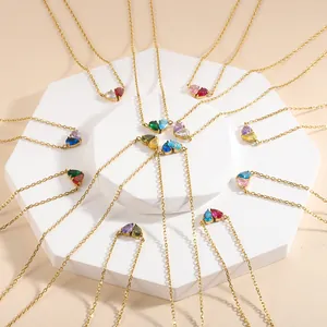 14K gold plated stainless steel heart birthstone necklaces with colorful zircon