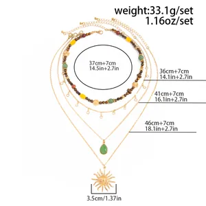 Vue détaillée des dimensions du collier multicouche bohème avec pendentifs soleil et pierre