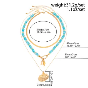 Schéma détaillé des tailles du collier à trois rangs en résine avec pendentif coquillage