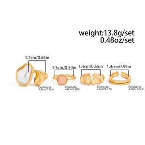 Detalles de dimensiones para set de 4 anillos dorados ajustables con perla y cristal rosa