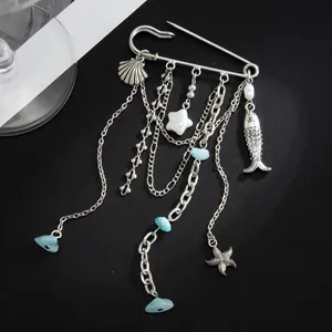 Vue détaillée de la broche thème marin avec coquillage, turquoise et pompons chaîne