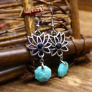 Vintage Lotus Blume Naturstein Hängeohrringe Für Damen Chinesischer Stil Amazonit Opal Amethyst Hexagonal Kristall Schmuck