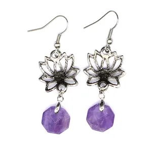 Antike Vintage-Lotus-Ohrringe mit sechseckigem lila Amethyst-Kristallstein-Anhänger