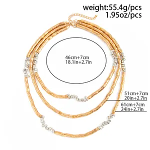 Detailed view of triple-layered chunky necklace with size and weight measurements
