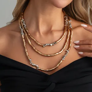 Detail of multilayered textured metallic bead necklace in mixed gold and silver tones