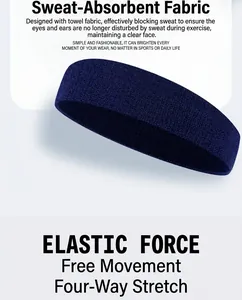 Detail of blue sweat-wicking sports headband with breathable towel fabric texture.