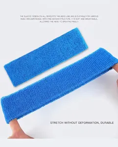 Detailed view of blue elastic sports headband showing its breathable woven texture and stretch