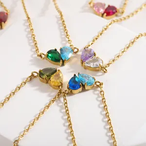 Heart birthstone necklaces with two-tone teardrop zircons in 14K gold plated stainless steel