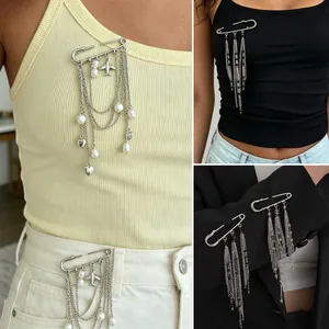 Hip Hop Kettenquaste Sicherheitsnadel Brosche Eisen Künstliche Perle Strass Herz Flugzeug Anhänger DIY Schmuck Zubehör Für Damen