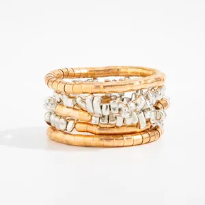 Detailed close-up showing the texture of stacked gold and silver tone metal coil bangles