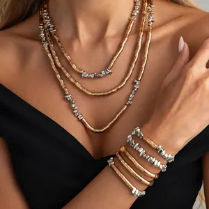 Textured distressed metal necklace and bracelet set with contrasting beads for stacking