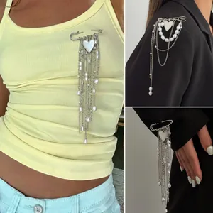 Ins Style Artificial Pearl Heart Pendant Brooch Multi-functional Chain Safety Pin Tassel Brooch Jewelry For Women Fashion Waist Adjustment Accessories