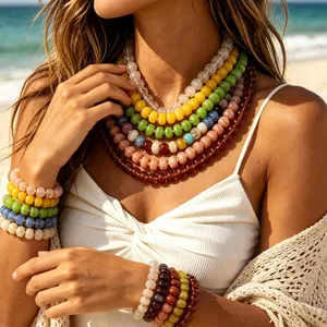 Bohemian Colorful Marble Pattern Resin Beaded Necklace Bracelet Set For Women Fashion Jewelry Stainless Steel Chain Jewelry Set