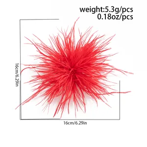 Detail view of a vibrant red feather brooch with dimensions 16cm and weight 5.3g