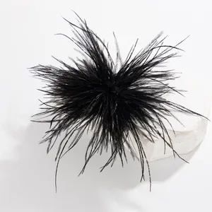 Detailed view of a fluffy black ostrich feather brooch for elegant formal dress decoration.