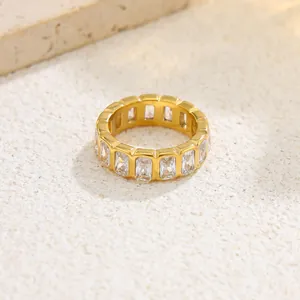 Elegant 18K gold plated stainless steel eternity ring with square cubic zirconia stones