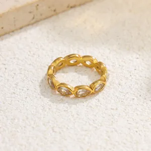 Close-up view of 18K gold plated stainless steel eternity ring with marquise-cut zircons.