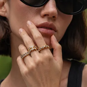 Luxury 18K Gold Plated 304 Stainless Steel Zirconia Rings For Women Old Money Ins Style Geometric Full Diamond Inlaid Rings