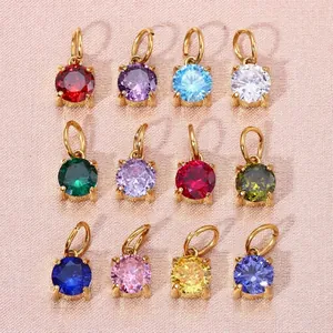 18K Vergulde Zirconia Geboortesteen Hangers 6mm Rond Roestvrij Staal DIY Sieraden Maken Charms Accessoires Voor Dames
