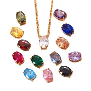 Set di pendenti in zircone ovale a 12 colori con collana in acciaio inox dorato
