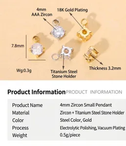 Close-up of 4mm cubic zirconia mini pendants with measurements and titanium steel claw details
