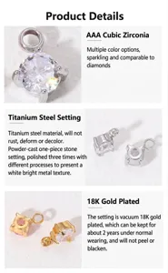 Macro views showing 4mm round cubic zirconia pendants and titanium steel gold-plated settings.