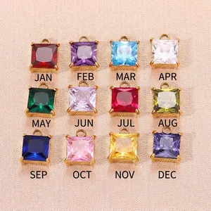 Set de 12 colgantes cuadrados de piedras de nacimiento chapados en oro 18K para joyas DIY