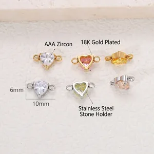 Roestvrijstalen hart zirkonia dubbele lus connectoren voor DIY sieraden maken, 6 mm
