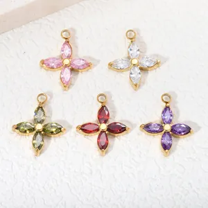 Vierblättriges Kleeblatt Zirkonia Anhänger Edelstahl 18K Vergoldet DIY Halskette Armband Charms Für Schmuckherstellung