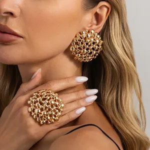 Exaggerated Irregular Hollow Out Geometric Jewelry Set Alloy Gold Silver Plated Honeycomb Stud Earrings and Matching Open Ring for Women